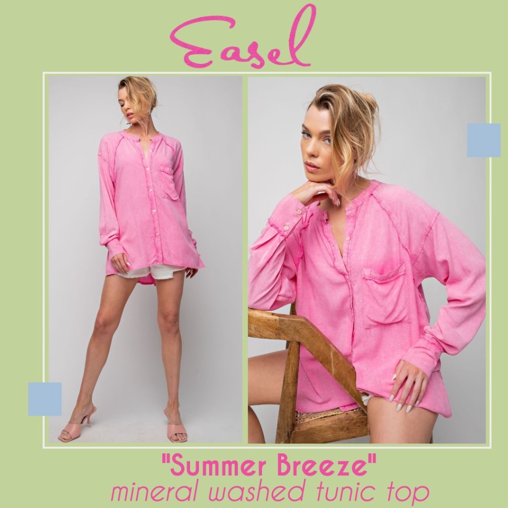 EASEL "Summer Breeze" Mineral Washed Frayed Seams Button Up Tunic Top Side Slits